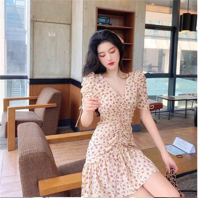 M114 - Váy hoa body Ulzzang cổ V dây rút nơ phần thân đuôi cá dáng dài và ngắn (2 mẫu)