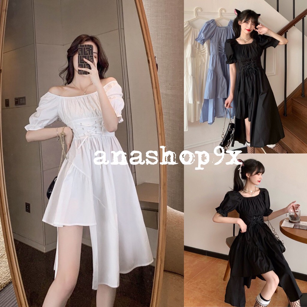 Váy suông cổ vuông lệch tầng tay bồng dáng dài ulzzang(đen, trắng) GuuZ