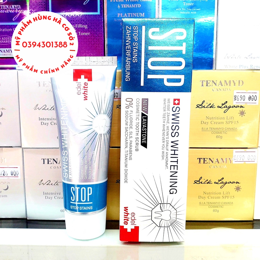 Kem đánh răng EdelWhite Stop Stains Swiss Whitening, Thụy Sĩ, siêu trắng răng, loại bỏ các vết ố vàng và cao răng 75ml