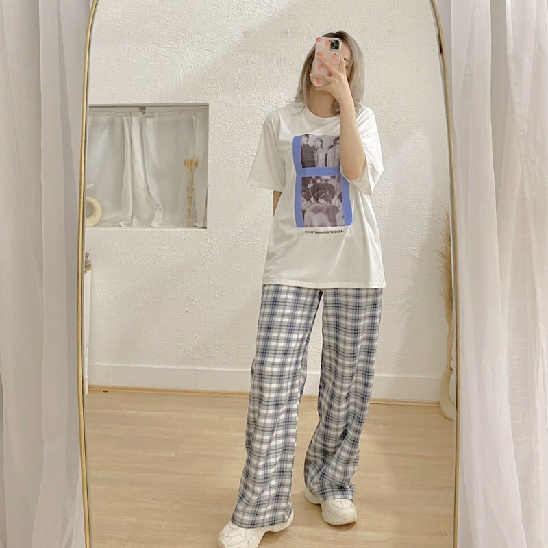 [HÀNG CÓ SẴN] Set áo thun tay lỡ họa tiết + quần kẻ freesize (Ảnh thật shop chụp)