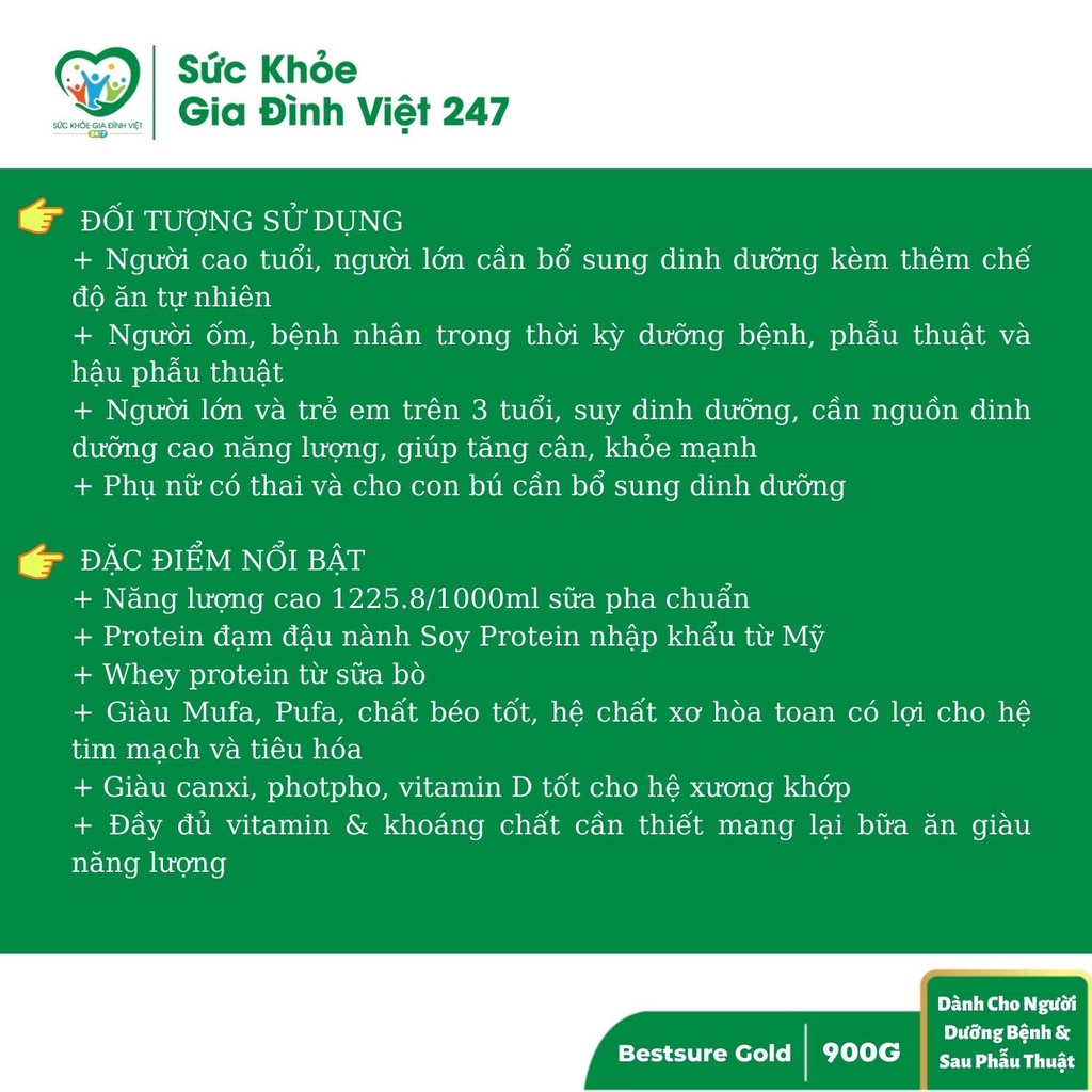 Sữa Bestsure Gold 900G - Sữa Cao Năng Lượng Dành Cho Người Sau Phẫu Thuật Và Người Dưỡng Bệnh suckhoegiadinhviet247