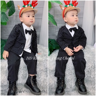 Set bộ vest 3 chi tiết bé trai, bộ vest công tử kẻ đen chất cotton mềm mịn co giãn