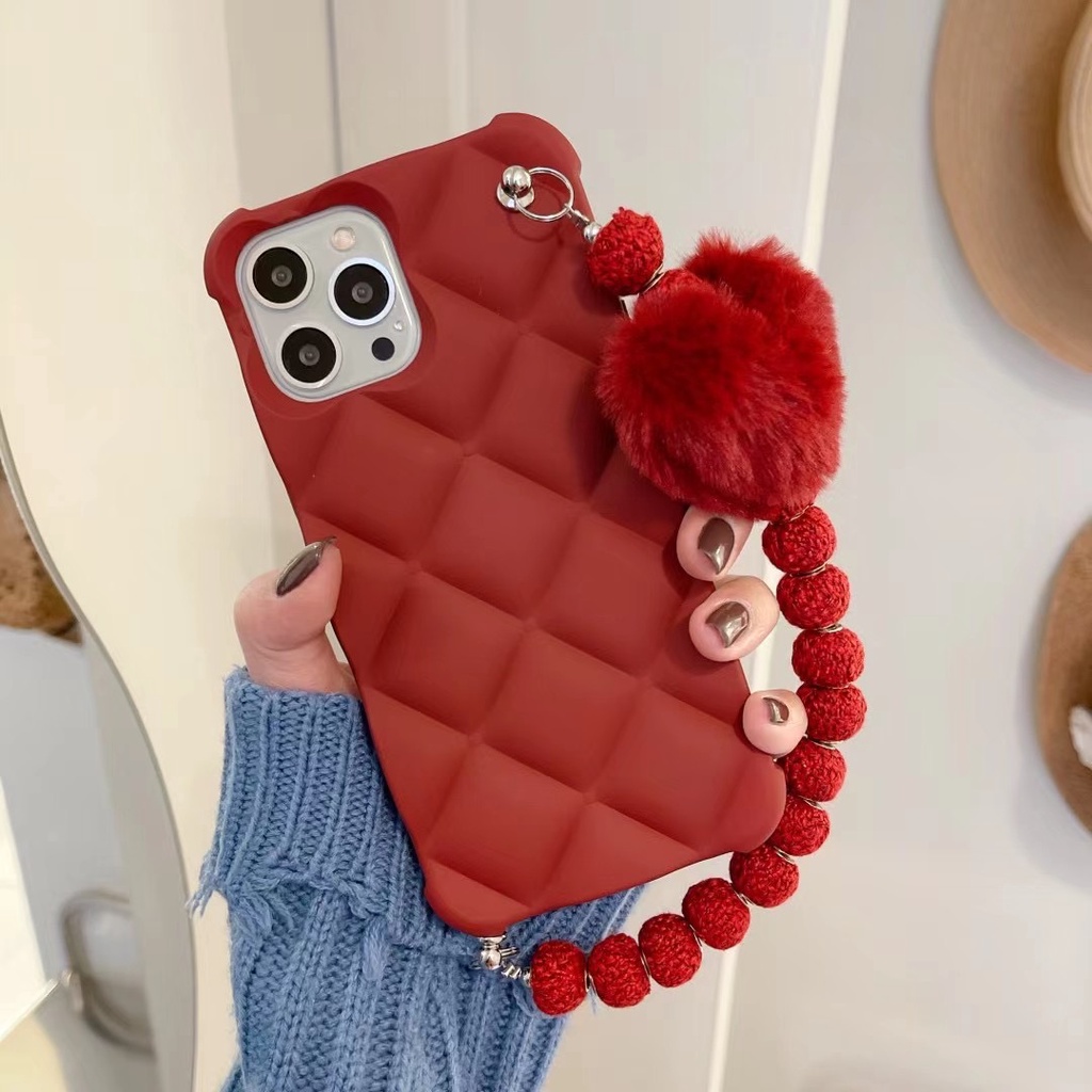 Ốp điện thoại đỏ phối chuỗi và mặt trái tim thích hợp cho iPhone 13 promax X XS XR 11 pro max 12 pro max