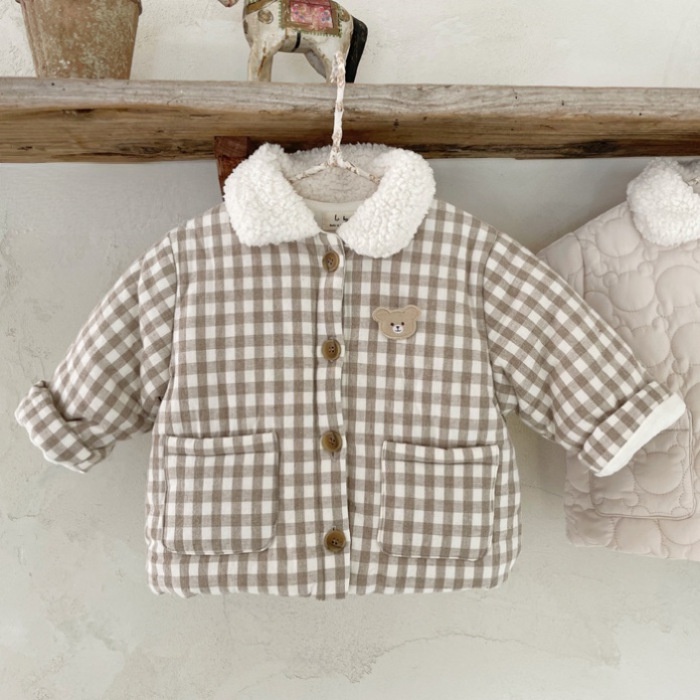 Áo Khoác cotton Lót Nhung Giữ Ấm Họa Tiết Caro Dễ Thương Thời Trang Mùa Đông Cho Bé