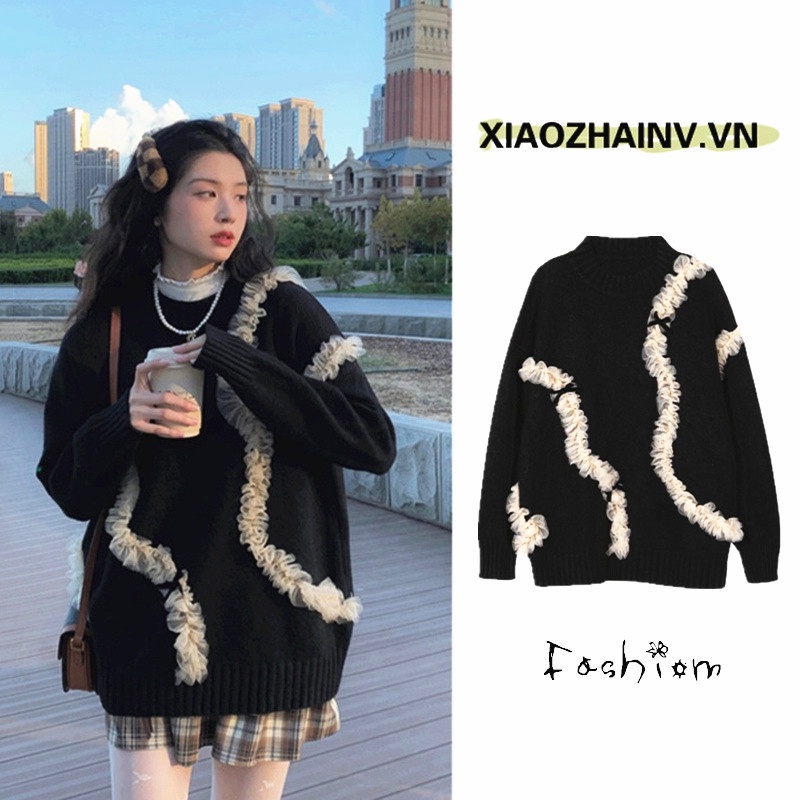 Xiaozhainv Áo sweater dệt kim dáng rộng màu đen đính nơ kiểu Hàn Quốc xinh xắn cho nữ