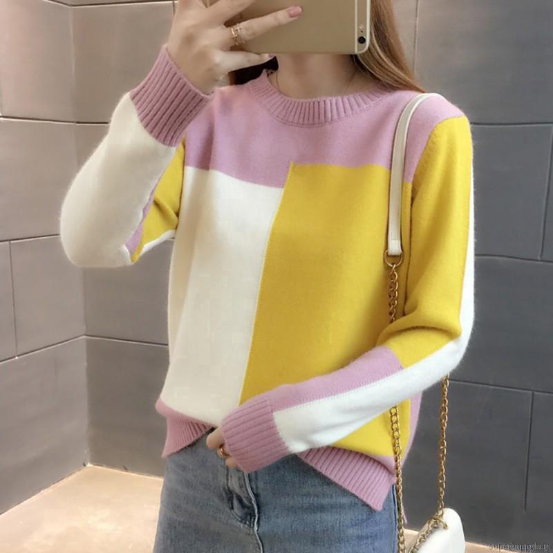 Áo Sweater dệt kim tay dài thiết kế màu tương phản cho phái nữ