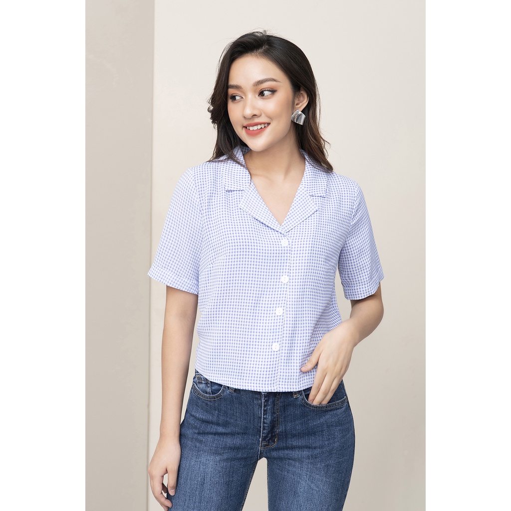 Áo Sơ Mi Kẻ Sọc Caro Nữ Đẹp Kiểu Dáng Croptop Cổ Vest Basic Luperi LFSM1187 Tay Cộc Gập Gấu Cho Nàng Công Sở Cá Tính