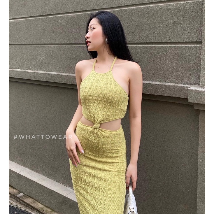 SALE Đầm body cổ yếm cột dây khoét eo thun nổi lưng smocking