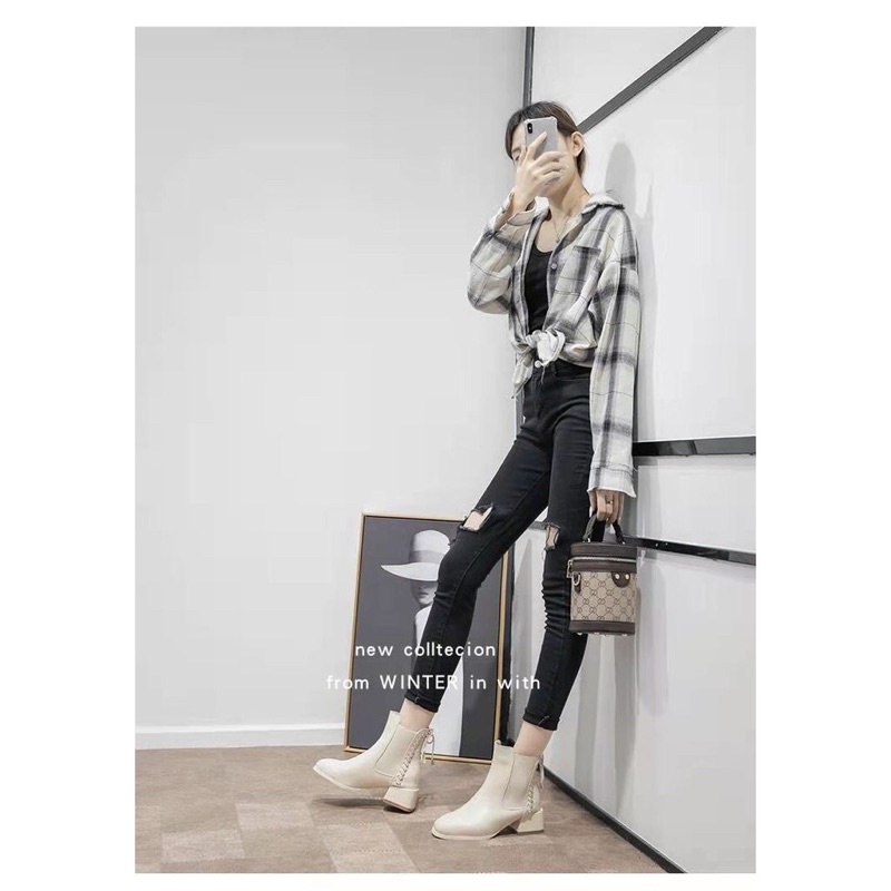 [Hàng QC] Giay Bốt có chun buộc dây phía sau, boots sang chảnh dự tiệc đế cao 5cm | BigBuy360 - bigbuy360.vn