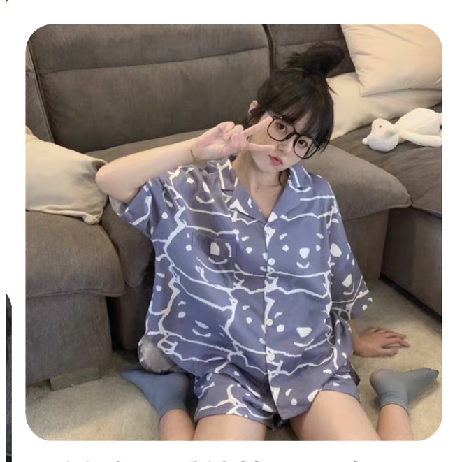 Bộ ngủ pijama quần áo mặc nhà nữ dễ thương cộc tay quảng châu vải kate thái mềm, min