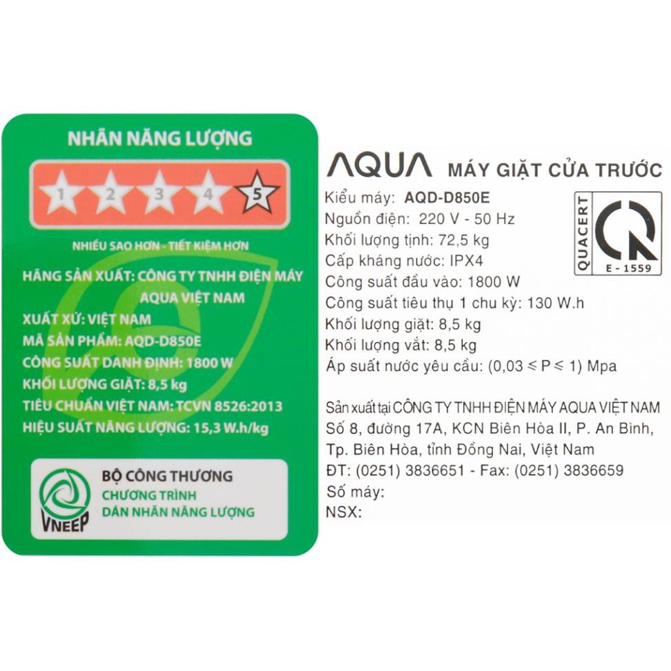 [ VẬN CHUYỂN MIỄN PHÍ KHU VỰC HÀ NỘI ]  Máy giặt Aqua cửa ngang 8.5kg màu trắng AQD-D850E.W
