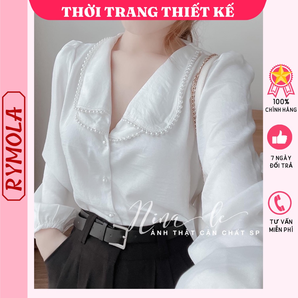 Áo Sơ Mi Trắng Mola Chất Lụa Phối Nút Ngọc Sang Chảnh Hàng Cao Cấp V5