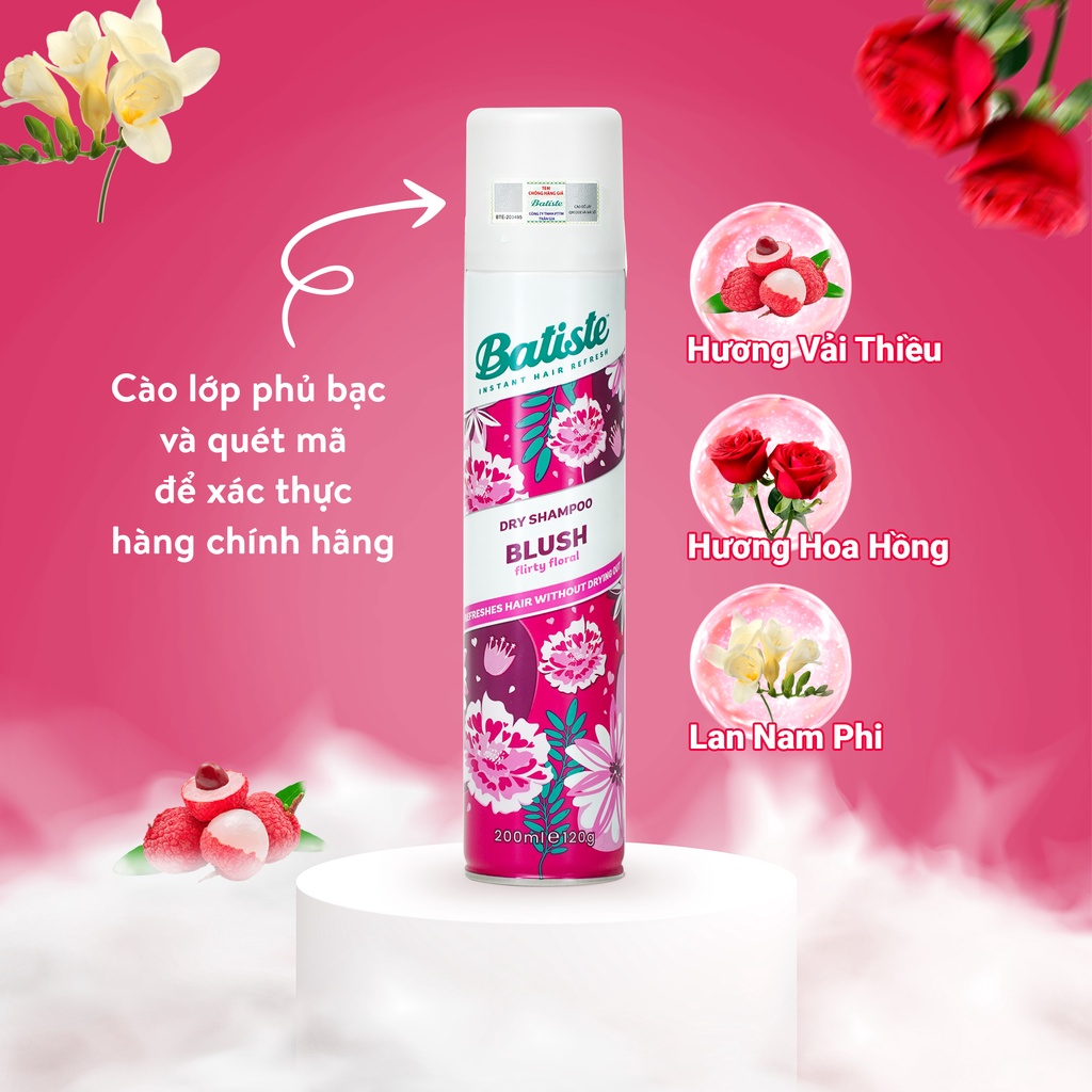 Dầu Gội Khô Batiste Hương Hoa Quyến Rũ - Batiste Dry Shampoo Floral & Flirty Blush 200ml