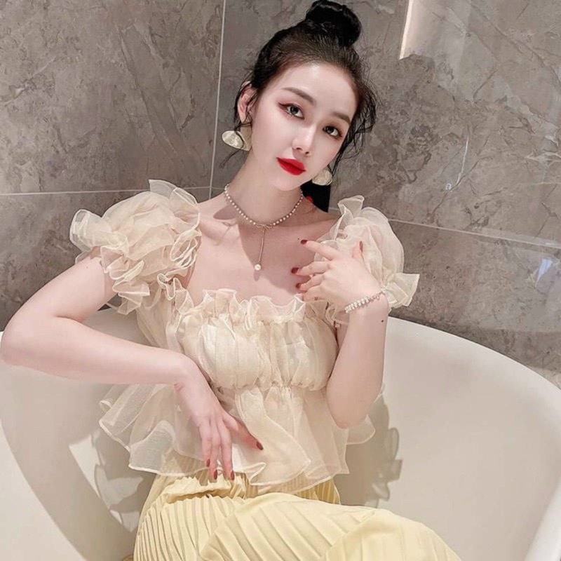 Áo voan trễ vai tay phồng 2 lớp xinh xắn dễ thương như công chúa