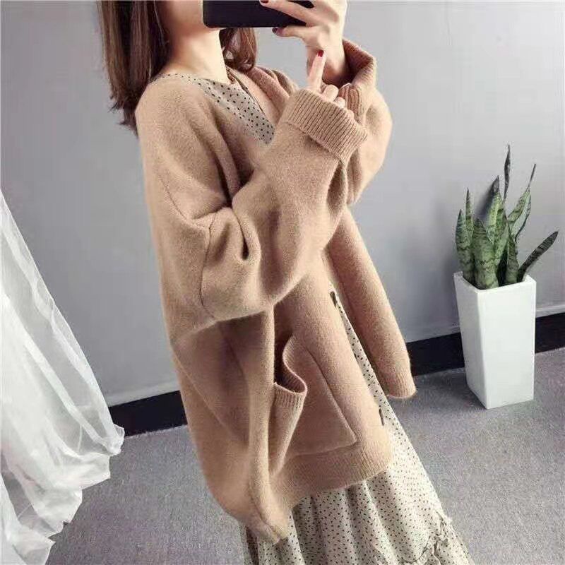 Áo khoác cardigan dệt kim tay dài màu trơn thiết kế thanh lịch cho nữ