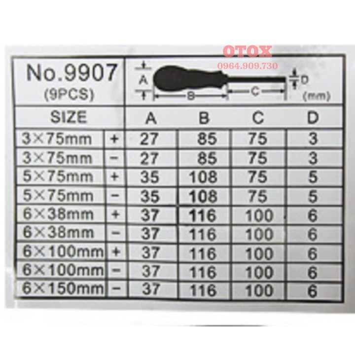 Bộ tô vít nam châm 2 cạnh 4 cạnh 9 chi tiết OTOX