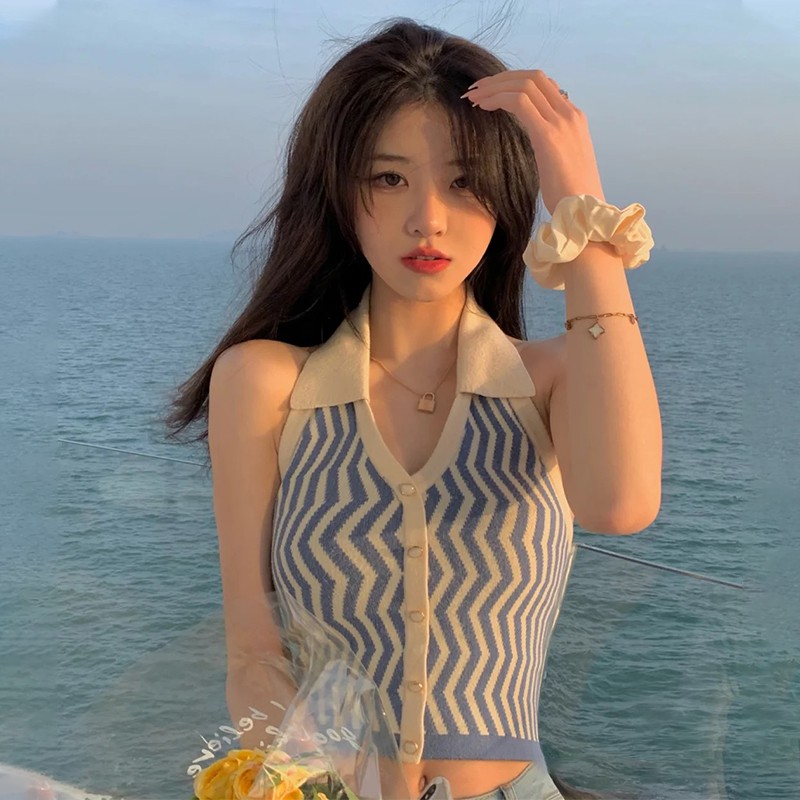 COZOK Áo croptop hỏ lưng cổ bẻ Quảng châu dáng mới