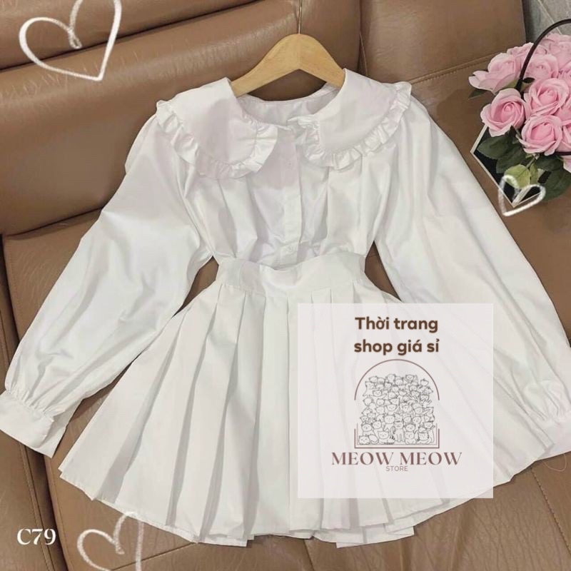 Áo sơ mi cổ bèo babydoll ulzzang kèm hình thật trải sàn Meow meow