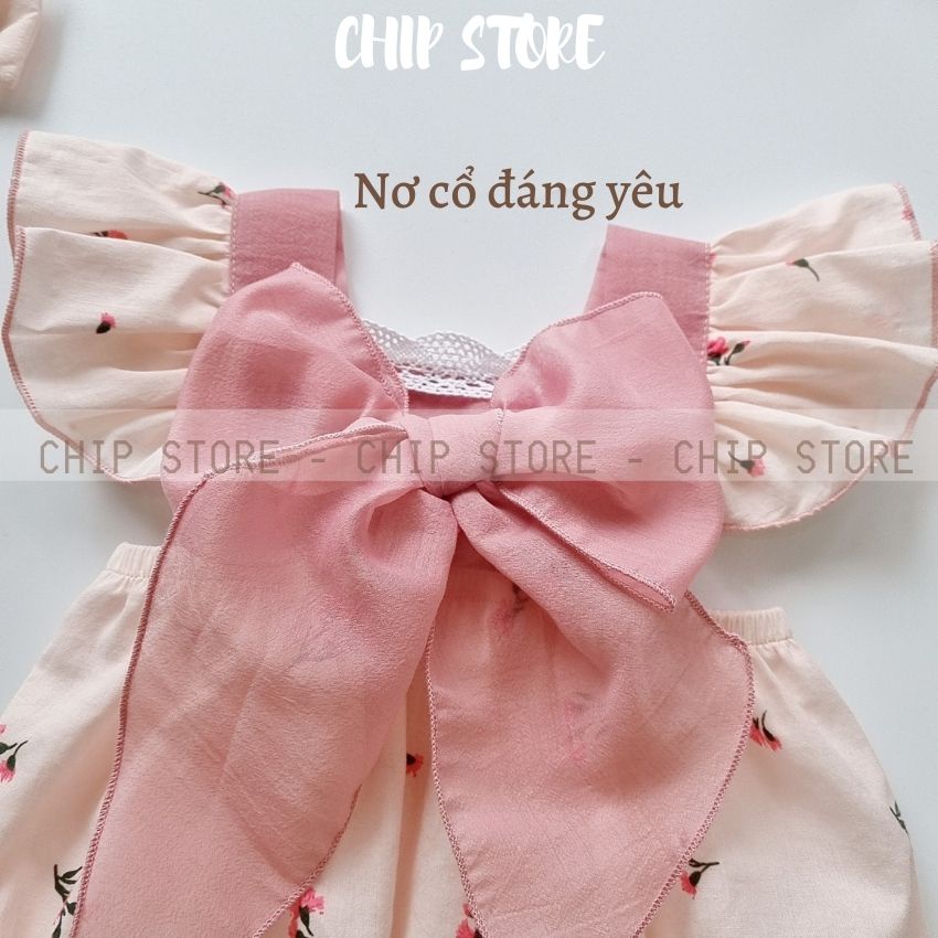 Set Body Bé Gái Nơ Hồng Họa Tiết Hoa Cẩm Chướng Xinh Xắn Tặng Kèm Turban Vớ CHIP STORE