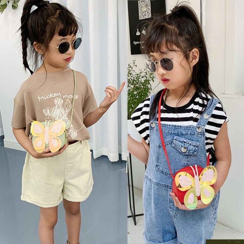 Túi đeo chéo mini bằng da PU đính sequin hình bướm dễ thương cho bé gái