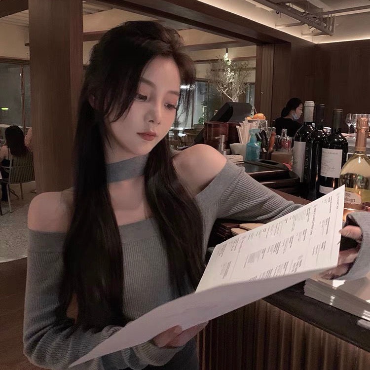 Áo sweater dệt kim dáng ôm hở vai cho nữ