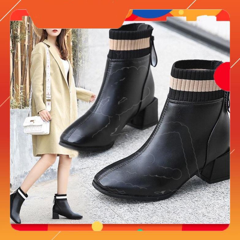 Xả Kho Cuối Năm Boot nữ , bốt nữ cổ cao gót vuông 3 phân chất da phối cổ len ôm chân cực sang