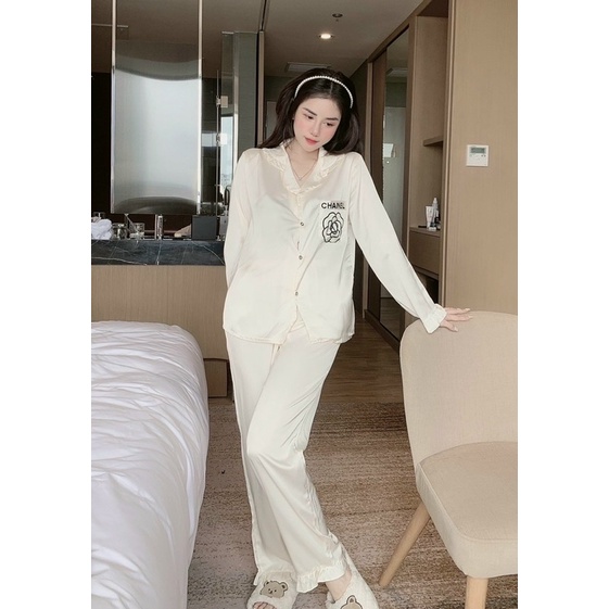 Đồ bộ pijama LỤA LATIN tay dài quần dài phối bèo hàng thiết kế cực xinh và sang trọng cho bạn nữ phom dáng rộng rãi
