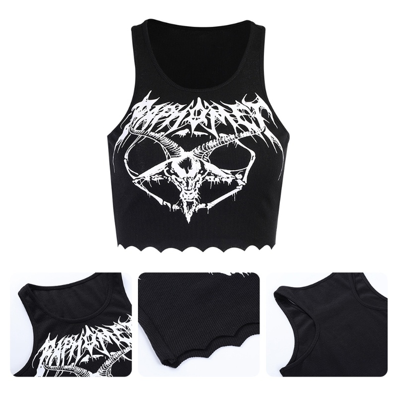 Áo Croptop Dệt Kim Không Tay Màu Đen In Hình Dê Phong Cách Gothic Punk Dành Cho Nữ 10mk
