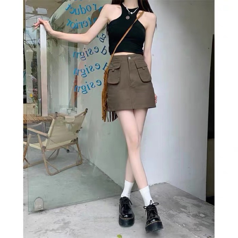 Chân váy túi hộp kaki cạp cao form rộng đẹp phong cách 𝘜𝘭l𝘻𝘻𝘢𝘯𝘨 Hàn quốc