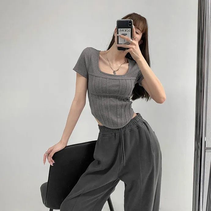 Áo Croptop Dệt Kim Cổ Vuông Thời Trang Mùa Hè Quyến Rũ Cho Nữ