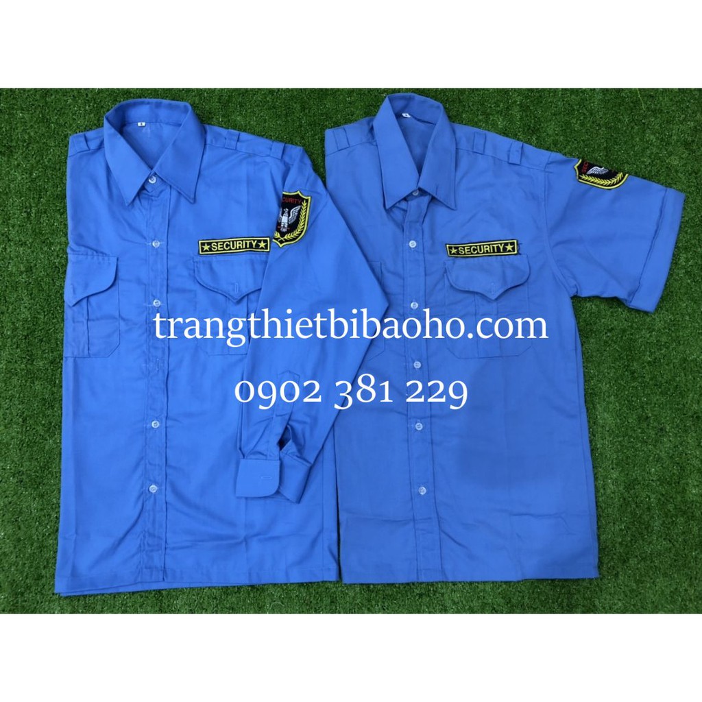 Áo đồng phục bảo vệ màu xanh dương may kèm logo tay ngực
