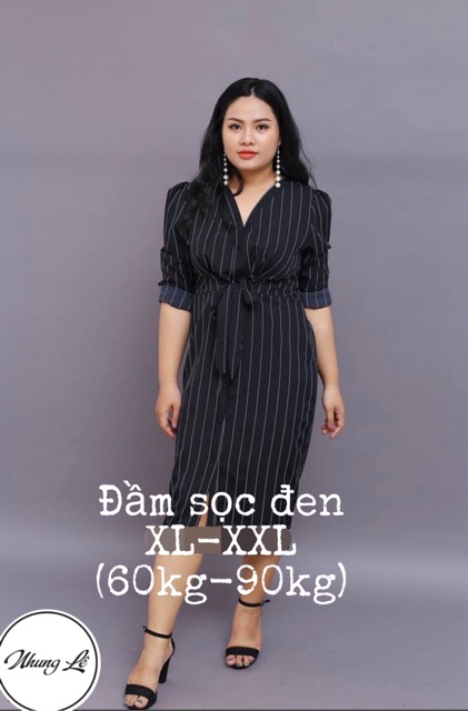 Đầm sơ mi sọc bigsize cột nơ eo trắng - đen - hồng | BigBuy360 - bigbuy360.vn