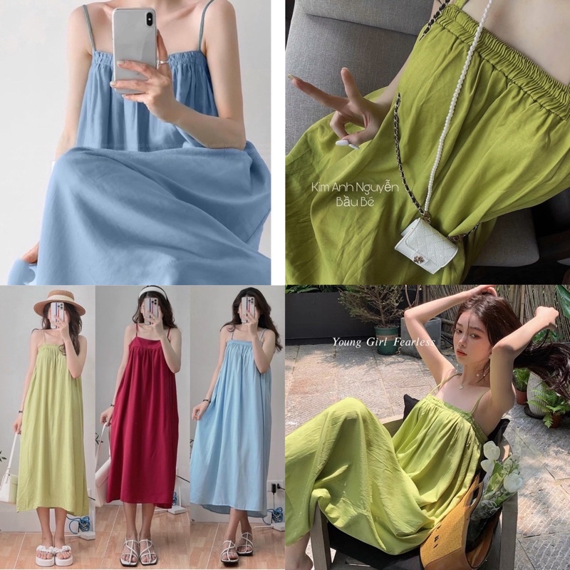 [Ảnh thật/Video] Váy hai dây đũi lụa nhún ngực dáng babydoll nhiều màu phong cách ulzzang