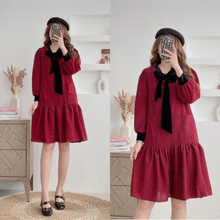 Váy suông dạ xước tay dài bo nhung, cổ nơ, dáng đầm xuông đuôi cá Freesize V995 - Michi's House