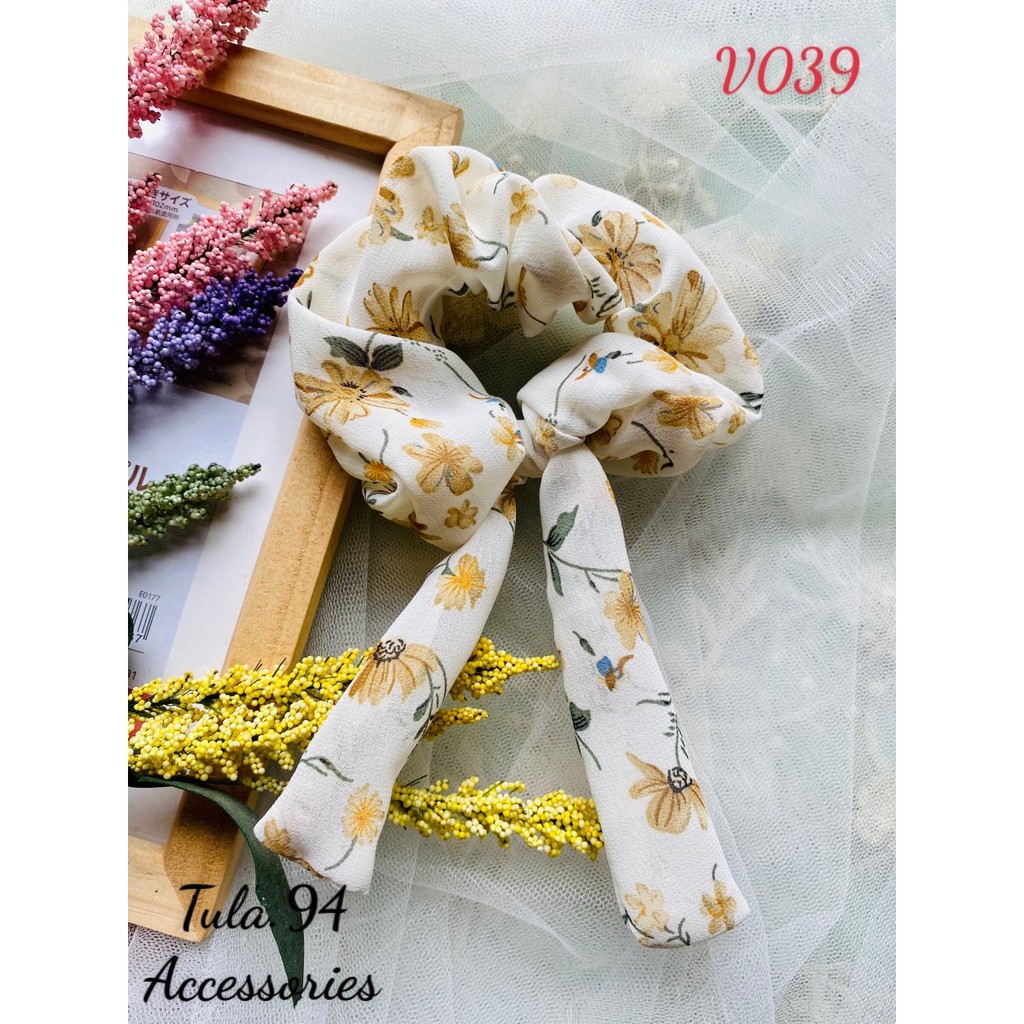 Dây buộc tóc, cột tóc scrunchies hoa nhí vintage