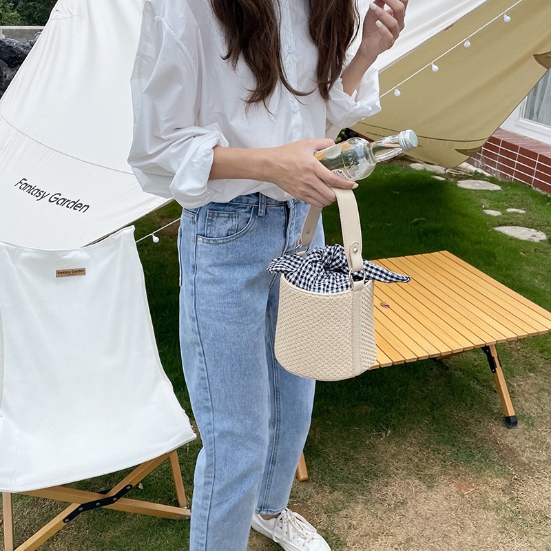 Túi Đeo Vai Đan Rơm Đính Nơ Họa Tiết Sọc Caro Thời Trang Cho Nữ