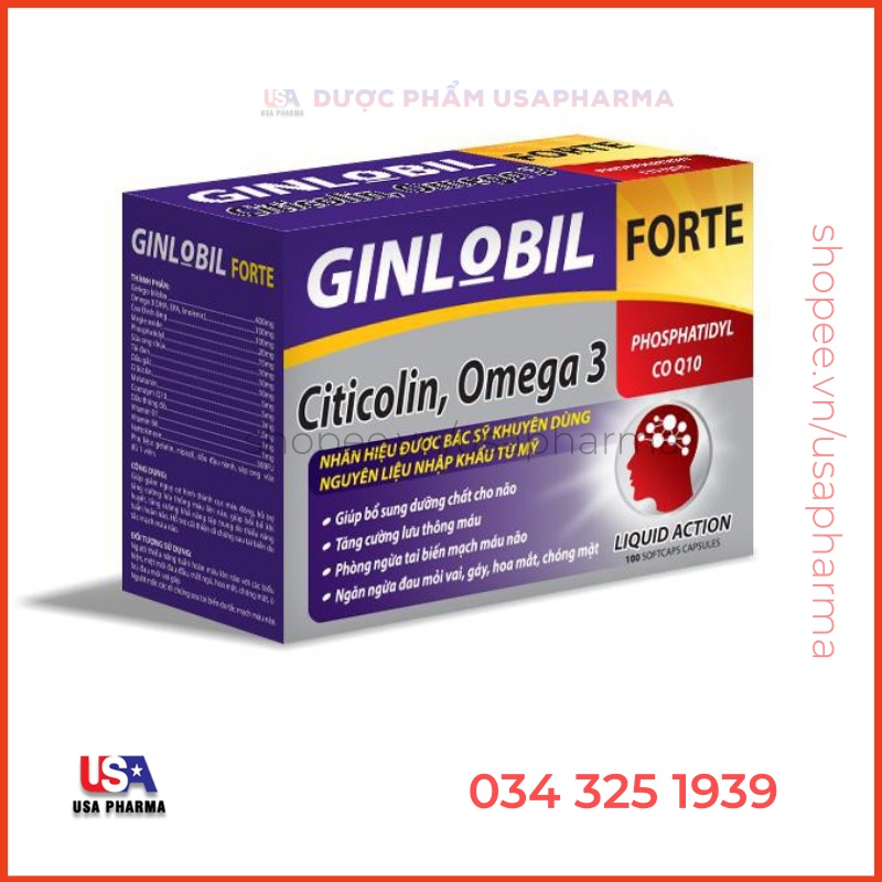 GINLOBIL FORTE - Ginkgo Biloba, Omega 3 - Ngăn ngừa tai biến mạch máu não, tiền đình - Hộp 100 viên