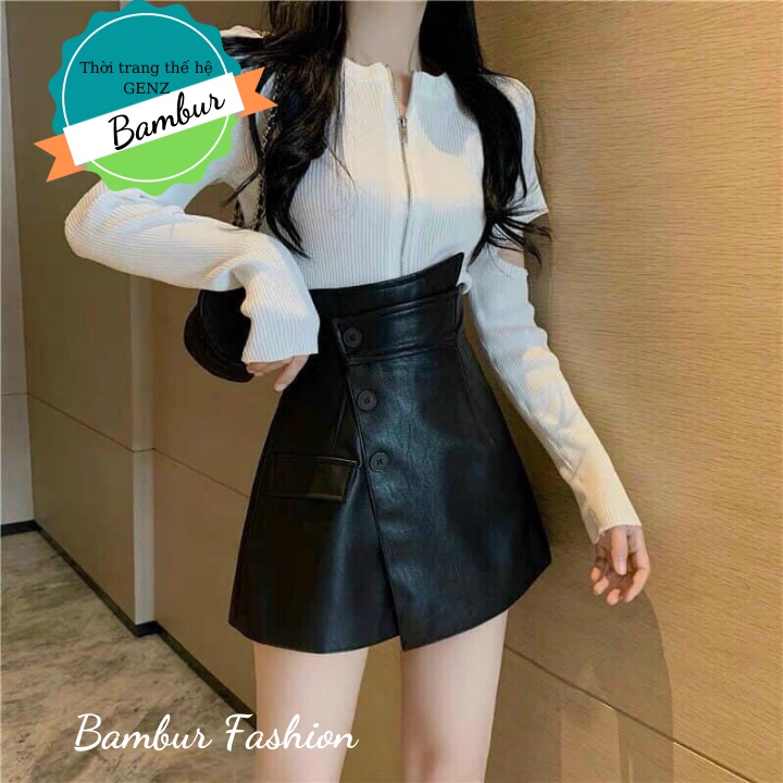 Quần short da nữ Bambur giả váy cạp cao kiểu vạt lệch phối cúc cao cấp siêu tôn dáng