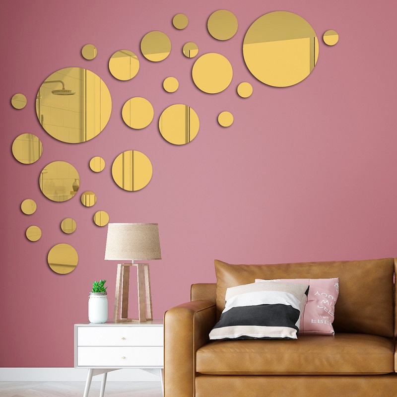 Set 28 Miếng Dán Tường 3D Tráng Gương Acrylic Hình Tròn DIY Trang Trí Nhà Cửa