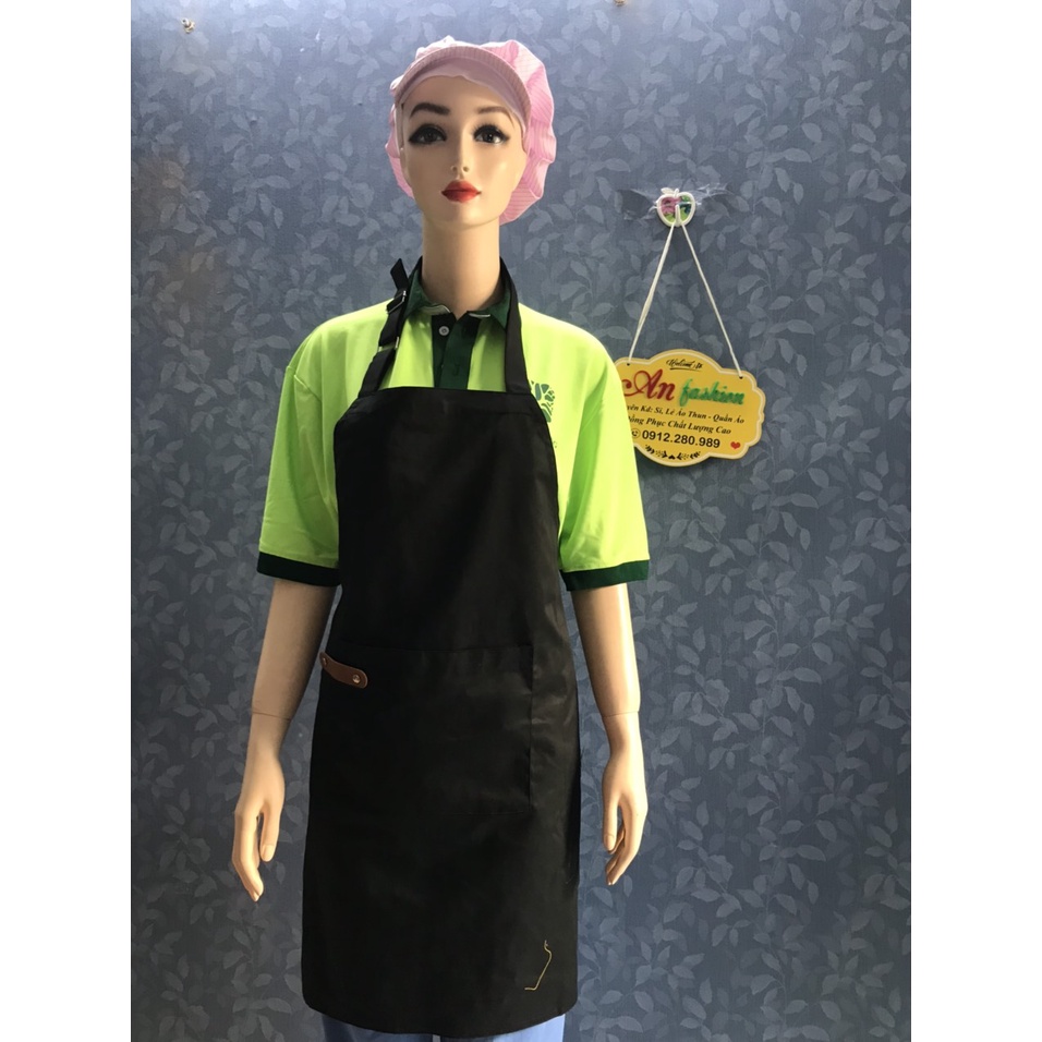 Tạp dề đẹp kaki phối Da màu Đen,Tạp dề pha chế Tạp dề cafe Tạp dề phục vụ,Gia Đình_Hình chụp thật