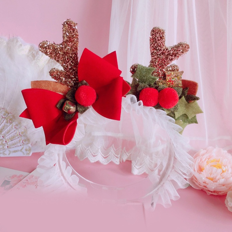 Băng Đô Cài Tóc Bằng Lưới Phối Ren Hình Tuần Lộc Giáng Sinh Năm Mới