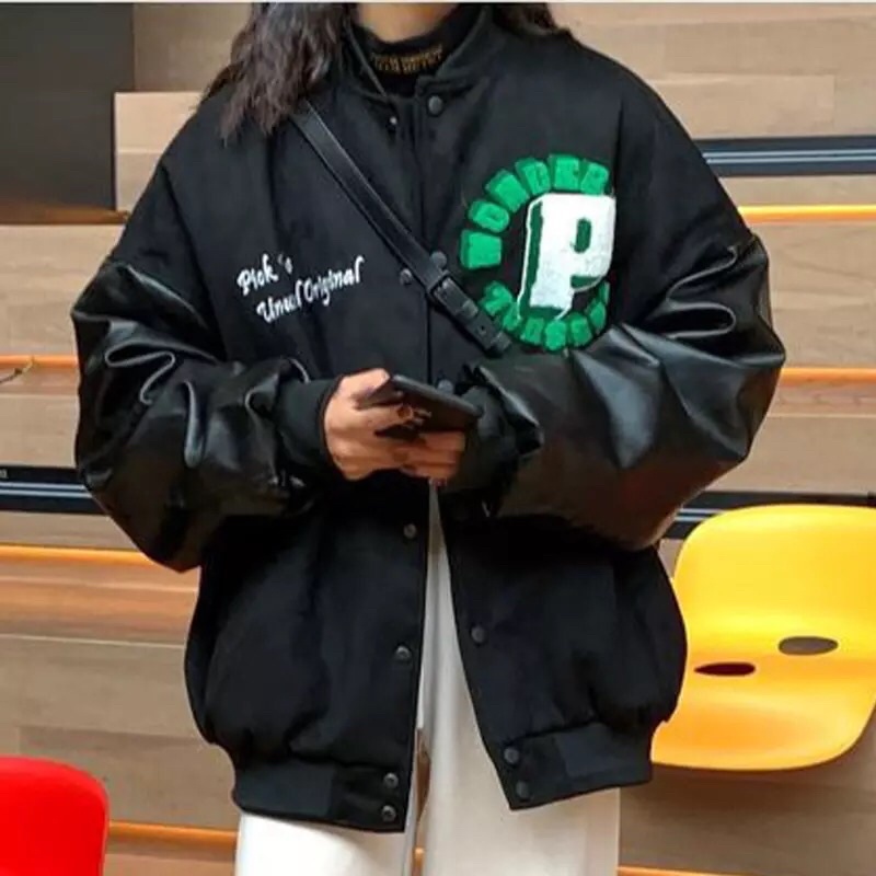 Áo Bomber Dạ Phối Da, Áo Thêu Chữ Nổi,Thời Trang Unisex From Rộng,Hàng 2 Lớp Cao Cấp