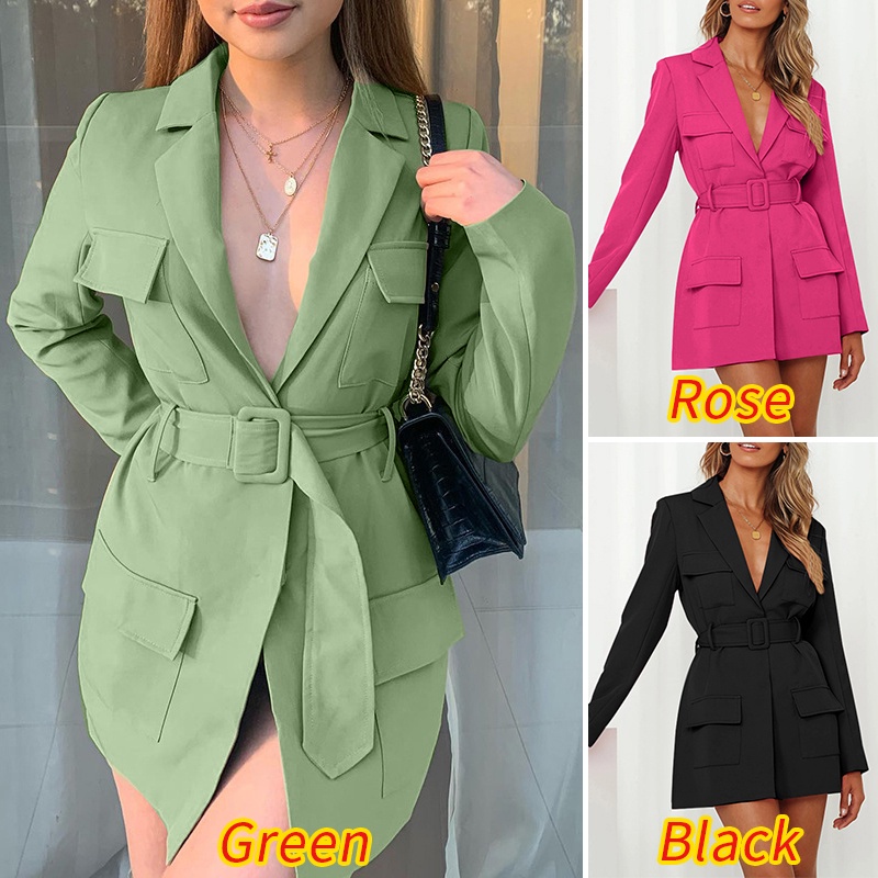 Áo khoác blazer ZANZEA tay dài cổ bẻ màu trơn kèm thắt lưng thời trang đường phố đơn giản cho nữ | BigBuy360 - bigbuy360.vn
