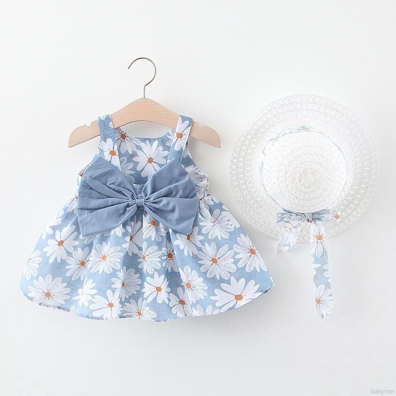 ♕ babyme ღ Baby Girls Floral Dress Suspenders Sweet Bow Dresses + Hat Set