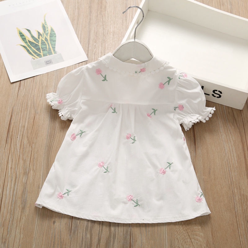 Girls Summer Shirt Clothes Kids Ins Fashion Cotton Thin Short Puff Sleeves Tops Girl Floral Printed Princess Shirt