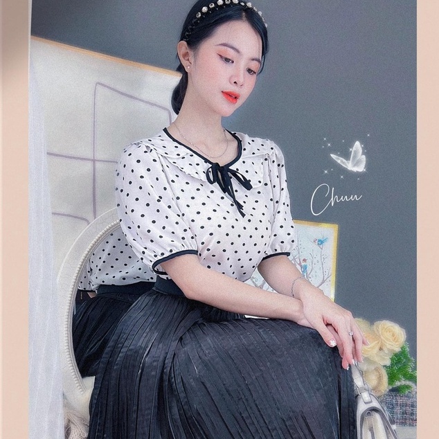 Áo sơ mi chấm bi nữ kiểu cổ cột nơ công sở CHUU A8128