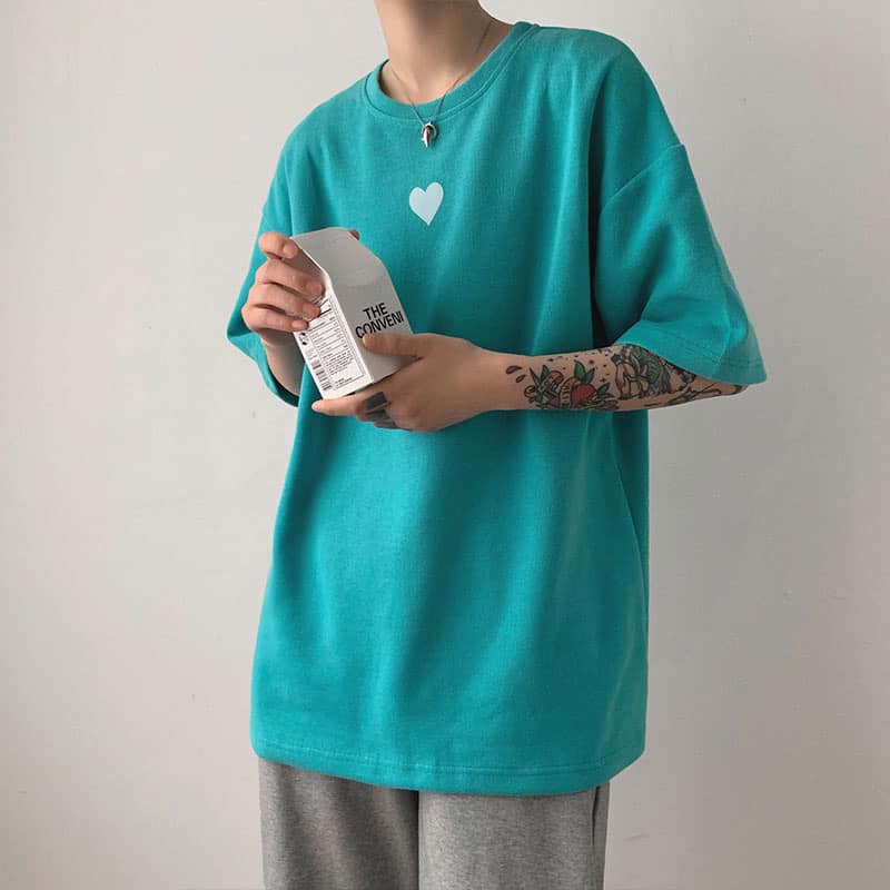 Áo Thun Unisex From Rộng Cổ Tròn Tay Lỡ Freesize 38-70kg Tim Nhỏ