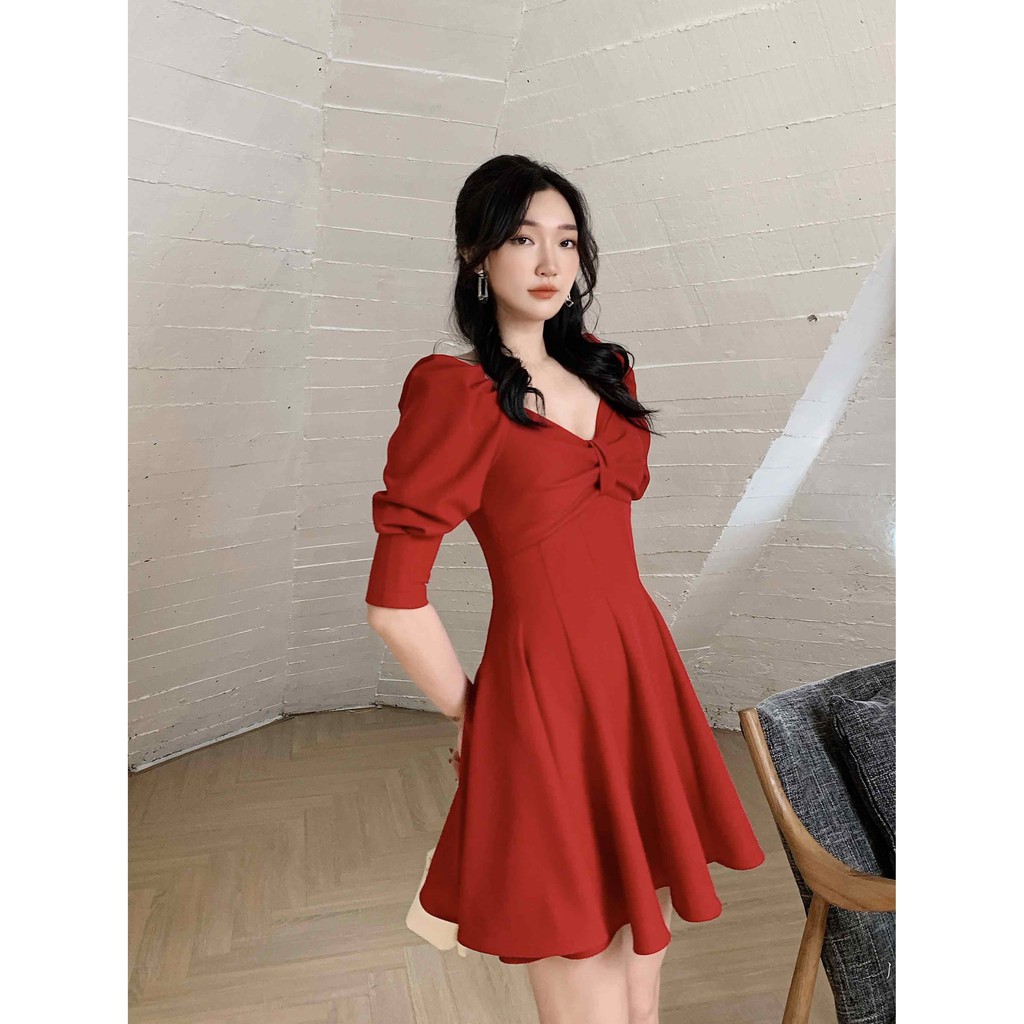 váy đỏ xoắn ngực - [HÀNG THIẾT KẾ Flane] màu đỏ cách điệu dáng xòe thiết kế