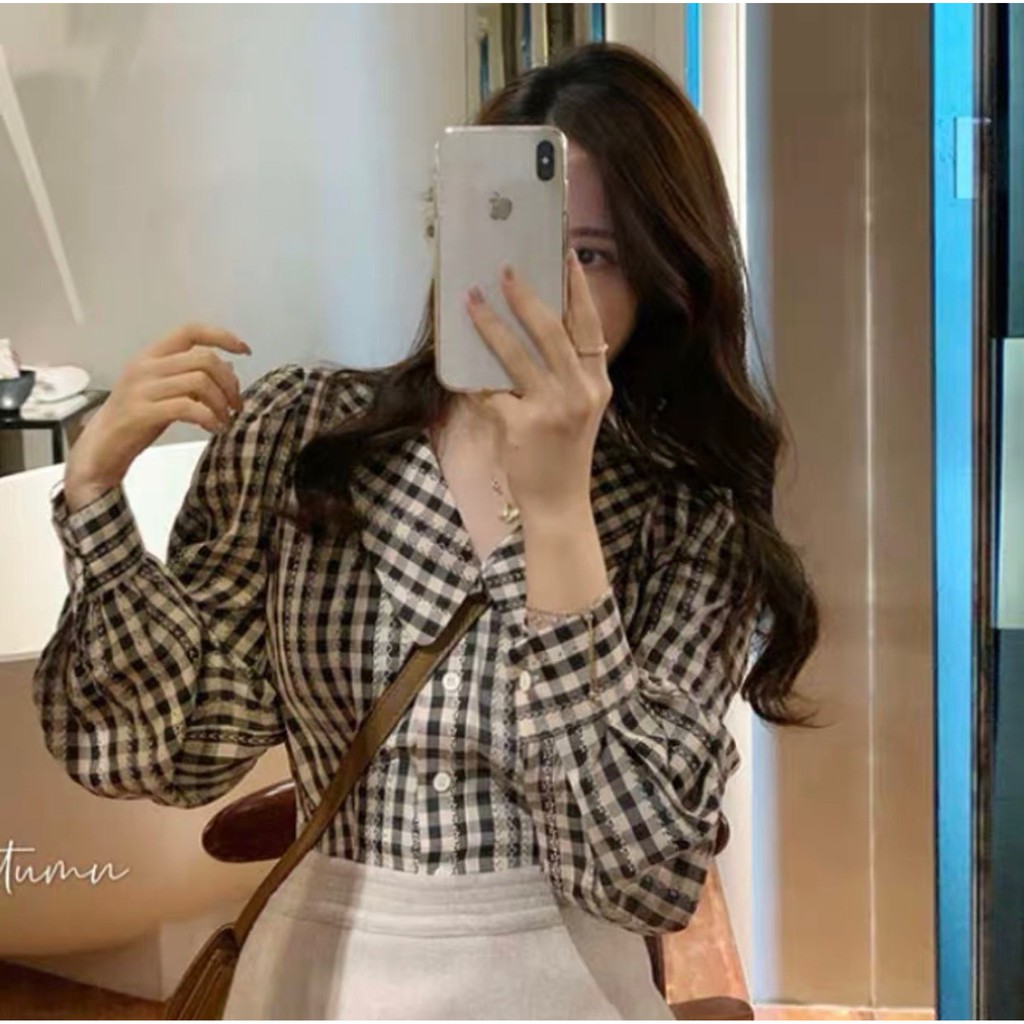 Áo sơ mi kẻ đen trắng thuê hoa dáng lửng HÀNG LOẠI 1 đủ size