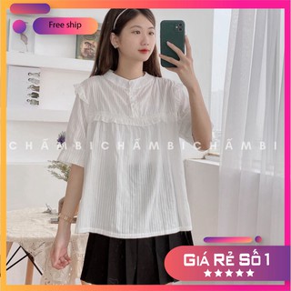 Áo Babydoll Cổ Tàu Ba Cúc Ngực Viền Bèo Chữ U Cộc Tay Cực Xinh Freesize<53Kg - A.006